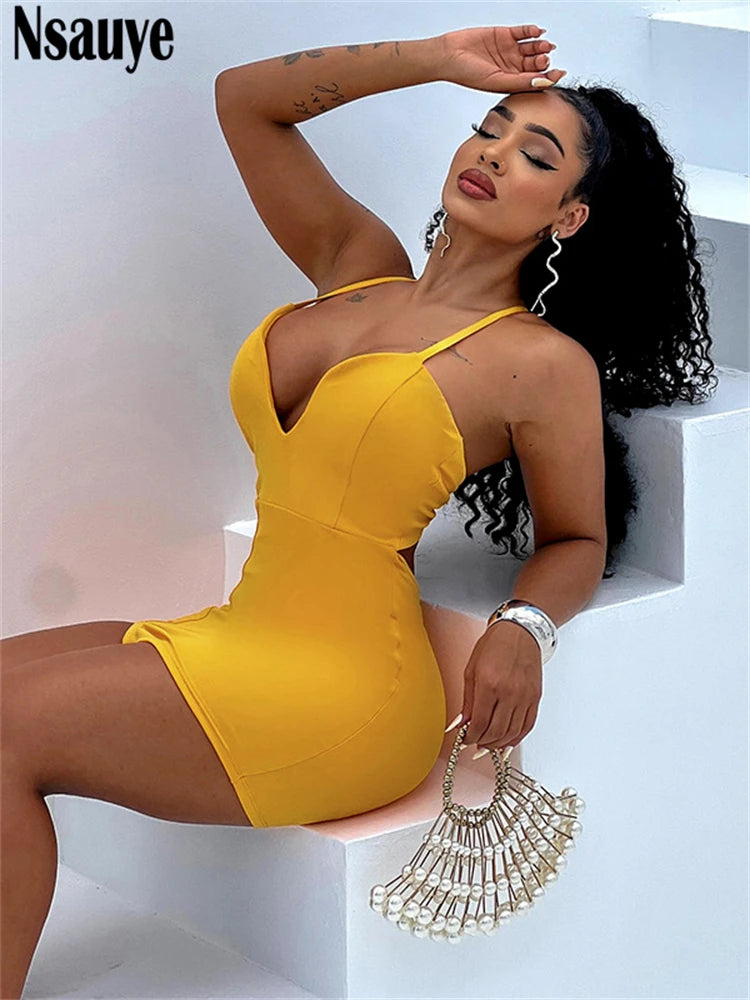 Nsauye Evening Party Sexy Short Summer Dress Casual Basic Backless Mini Wrap High Waisted New Fashion Women Dresses Night Club