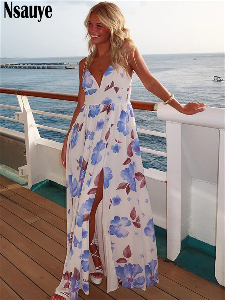 Nsauye Women Fashion New 2025 Spring Sexy Beach Holiday Maxi Skinny Floral Print Dress Clothes Party Evening Casual Dress Long