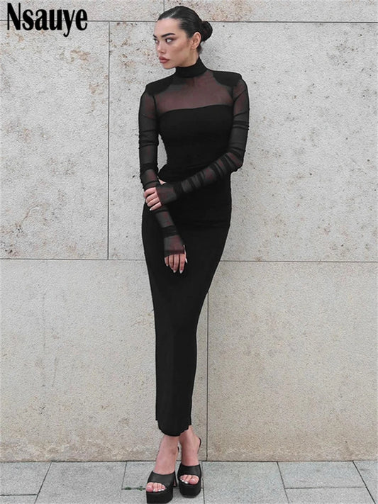 Nsauye Women Black Elegant Striped Mesh Long Sleeve Fashion Dress Autumn 2024 Sexy Evening Party Night Club Maxi Wrap Dress