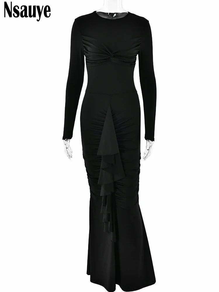 Nsauye Dress For Women Long Sleeve Basic Pullover Maxi Autumn Sexy Ruched Fashion Party Holiday Ruffles Night Club Elegant Dress