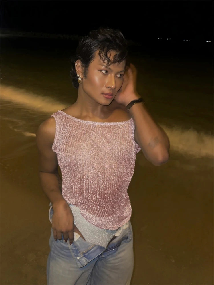 Nsauye Chic Women Mini Vest Hollow Out Pullover Knitted Summer Y2K Sexy Club Fashion Crop Tops Glitter Sleeveless 2025 Tank Tops