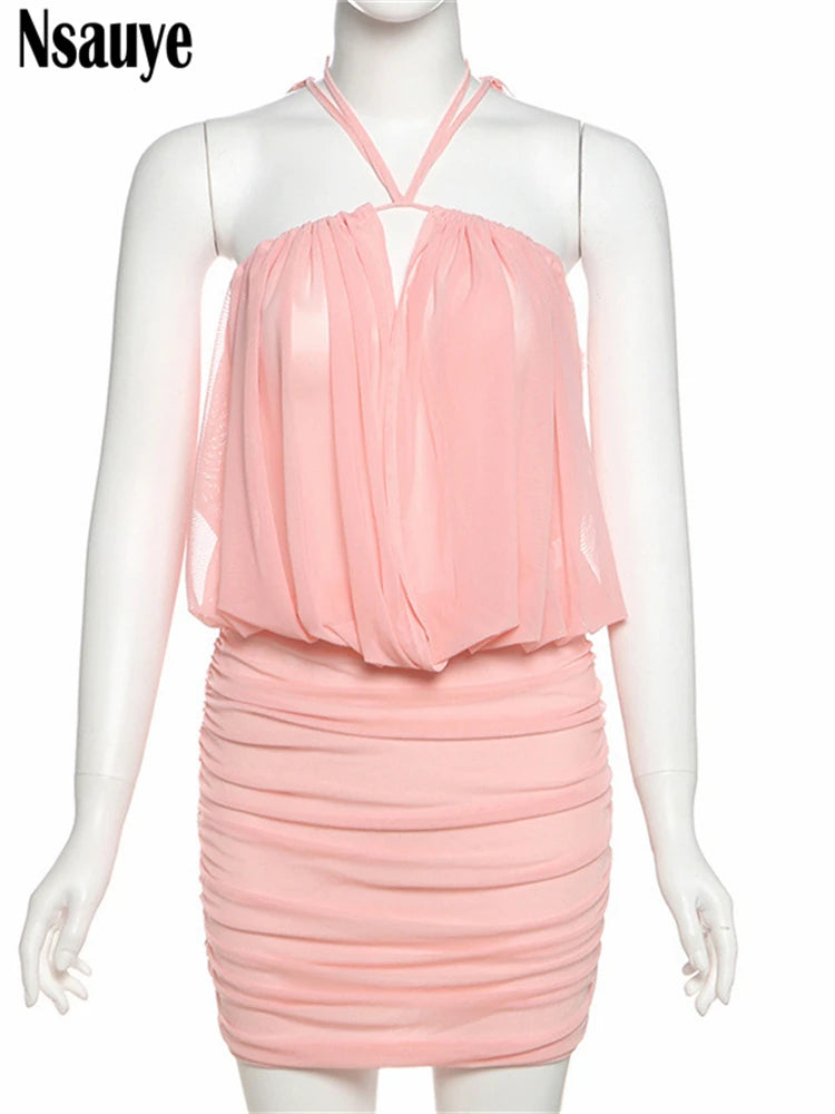 Nsauye Women Sleeveless Backless Pleated Pink Sexy Mesh Mini Bodycon Dress 2025 Summer Backless Bandage Evening Party Dresses