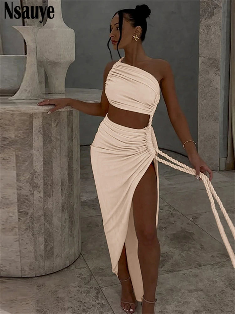 Nsauye New Fashion Women One Shoulder Sexy Ruched Low Cut Out Long Evening Dress 2025 Green Summer Party Club Dress High Split