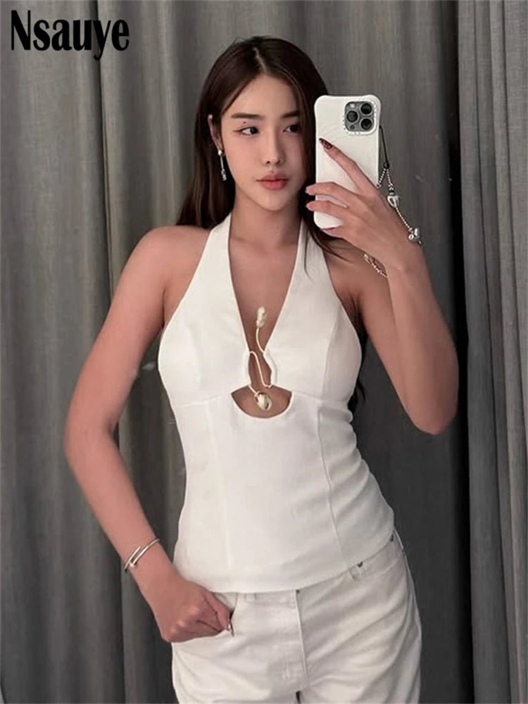 Nsauye Women Off Shoulder Halter Low Cut Tank Tops Office Ladies Elegant Summer Y2K Club Sleeveless Backless Crop Top Streetwear