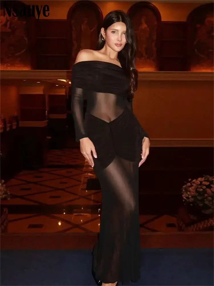 Nsauye 2025 Spring See Through Mesh Off Shoulder Long Sleeve Maxi Dress Women Clothing Night Club Sexy Fashion Party Dresses