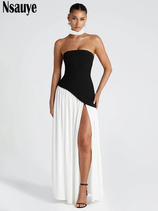 Nsauye Long Evening Dress For Women Summer Clothing Fashion Elegant Sexy Strapless Party High Split Night Club Maxi Dress 2025