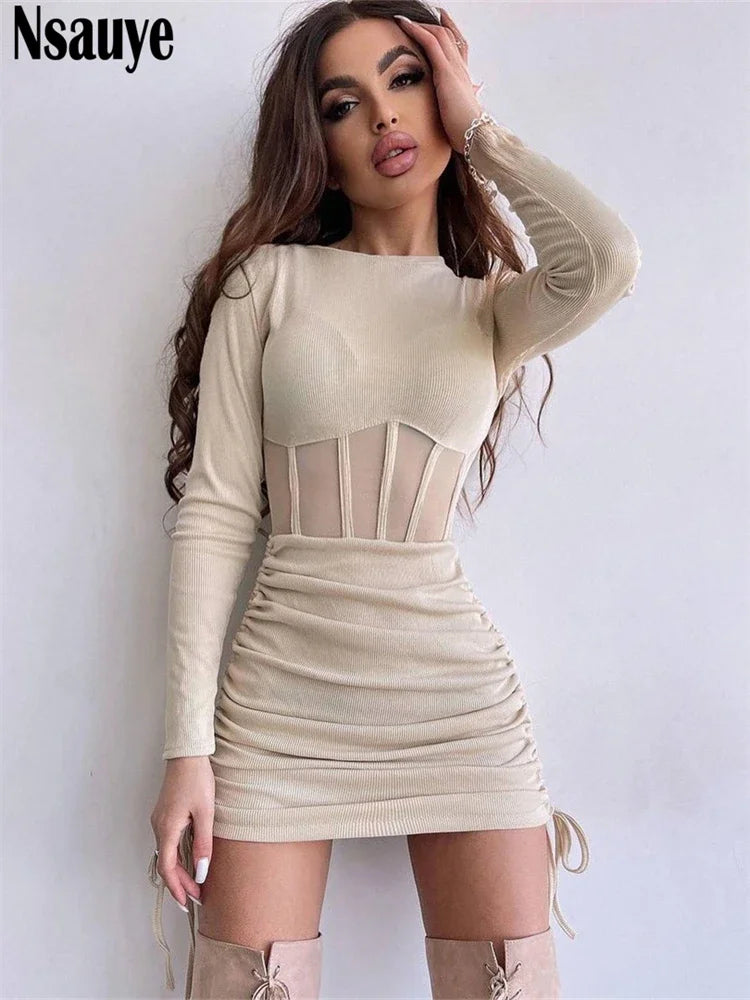 Nsauye See Through Mesh Women Chic Fashion Summer Long Sleeve Ribber Knitted Y2K Mini Dress Sexy Party Club Casual Dress 2023