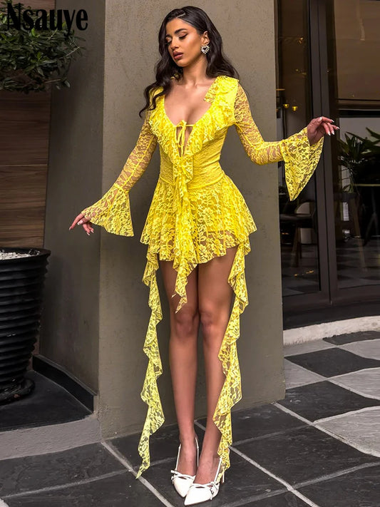 Nsauye Fashion Elegant Ruffles Long Sleeve Short Dress Women Summer See Through Sexy Night Club Evening Party Low Cut Out Dress