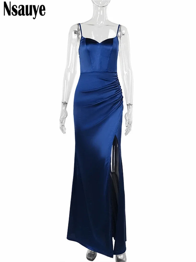 Nsauye Women Satin Clothes Outfits Fashion Elegant Sleeveless Long Bodycon Club Dress High Split Evening Party Sexy Maxi Dresses