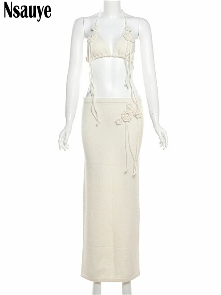 Nsauye Sexy Women Flower White Beach Skirt Dress Two Piece Set Casual Knitted Bikini Tops Long Low Waisted Wrap Club Skirt Suit