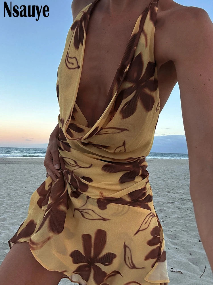 Nsauye Summer Halter Beach Women Holiday Print Casual Ruffles Short Dress Sexy Backless Night Fashion Club Evening Dress Party