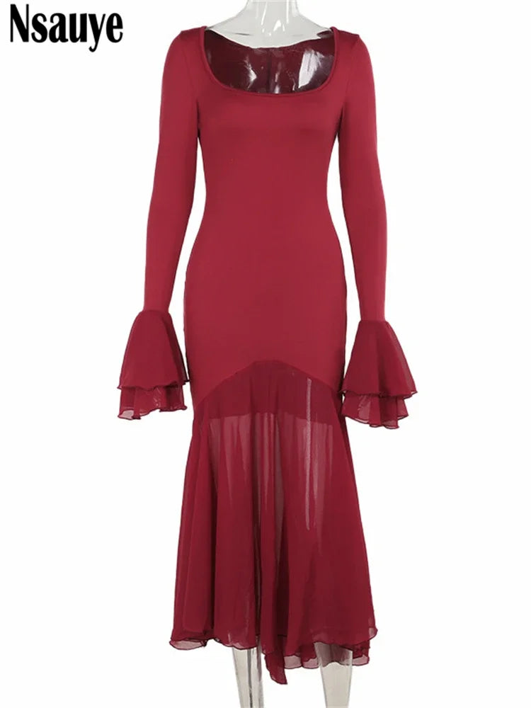 Nsauye Elegant Long Dresses Maxi Wrap Winter 2024 Women Clothing  Formal Fashion Sexy Party Long Sleeve Night Club Ruffles Dress