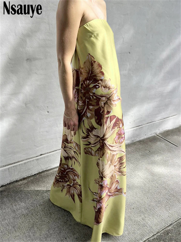 Nsauye Sexy Women Holiday Casual Summer Beach Long Floral Dress Maxi Long Fashion Evening Party Sleeveless Night Club Dress 2025
