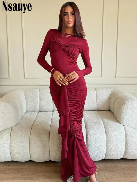 Nsauye Dress For Women Long Sleeve Basic Pullover Maxi Autumn Sexy Ruched Fashion Party Holiday Ruffles Night Club Elegant Dress