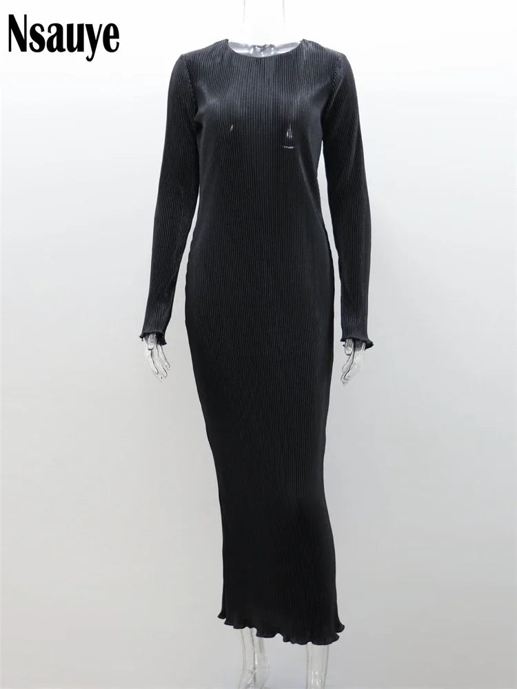 Nsauye Fashion Chic Casual Long Sleeve Wrap Pleated Winter Dress Women 2023 Outfits Basic Sexy Evening Holiday Party Club Dress