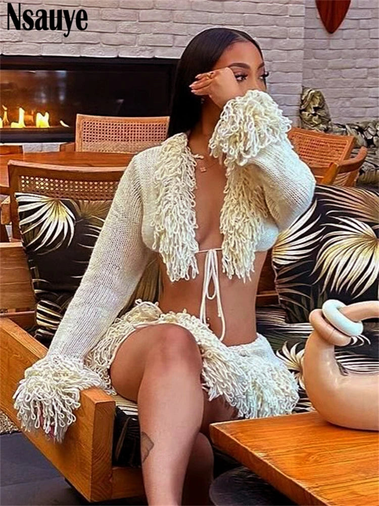 Nsauye Women Sexy Club Y2K Tassel Knitted Long Sleeve Sweater Cardigans Crop Tops Mini High Waisted Party Skirt Two Piece Set