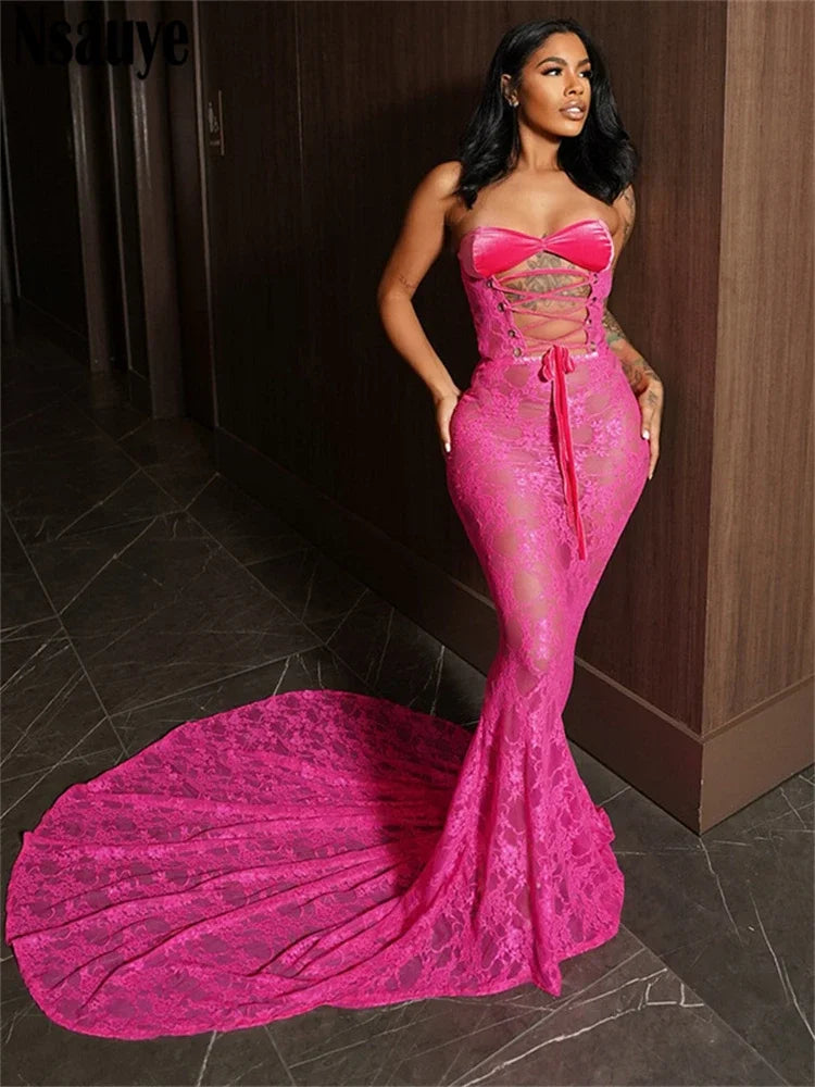 Nsauye Sexy Women Lace Up Fashion Hollow Out Elegant Corset Dress 2024 Winter Sleeveless Tube Maxi Long Club Party Holiday Dress