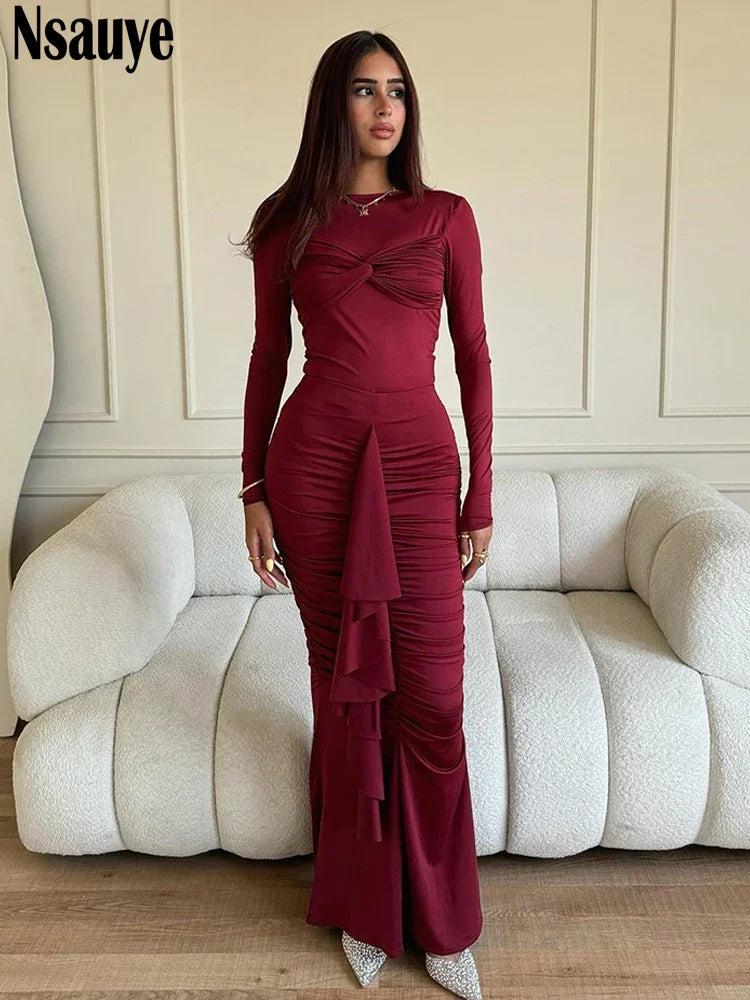 Nsauye Dress For Women Long Sleeve Basic Pullover Maxi Autumn Sexy Ruched Fashion Party Holiday Ruffles Night Club Elegant Dress