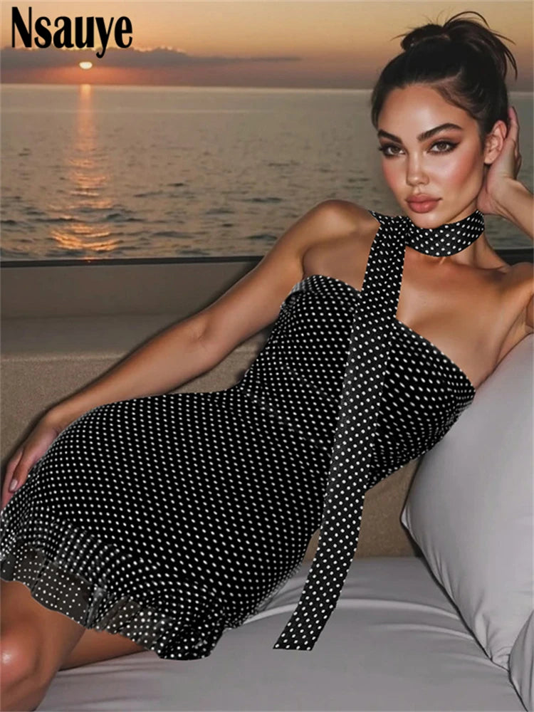 Nsauye Fashion Women Sleeveless Strapless Mini Dress Backless Dot Print Ruffles Short Dresses Summer Vacation Club Party 2025