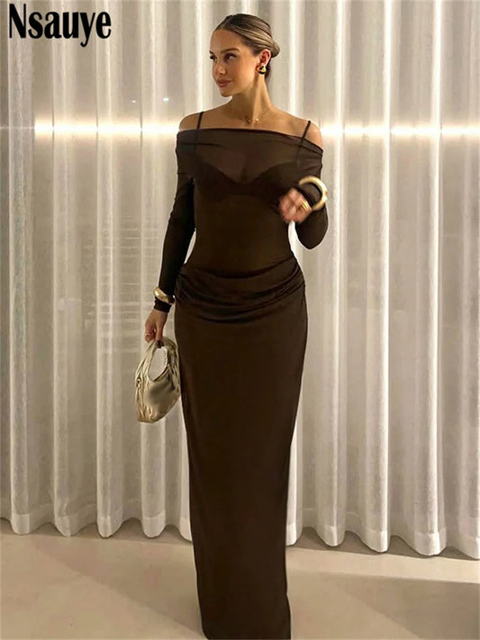 Nsauye Dress For Women Sexy Mesh Long Sleeve Bodycon Fashion Off Shoulder Night Club Low Waisted Evening Party Wrap Dress 2025