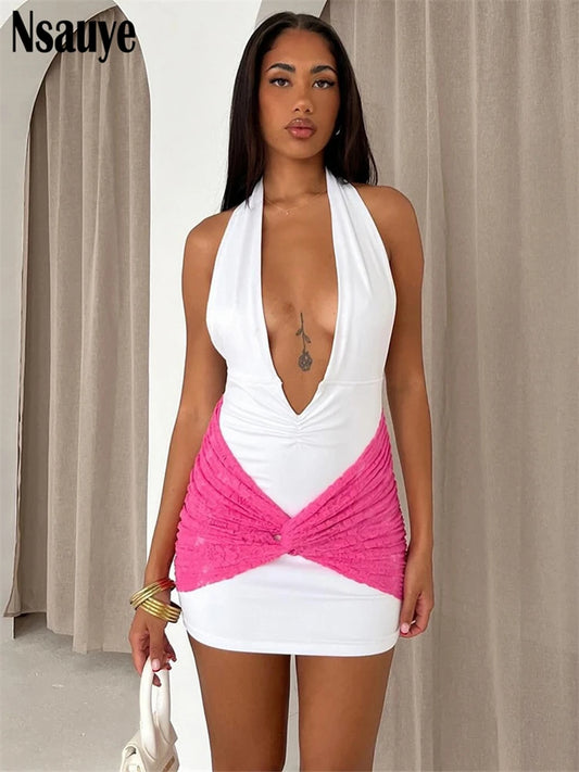 Nsauye 2025 Summer Patchwork Low Cut Halter Sleeveless White Mini Dress Women Outfit Club Party Backless Evening Elegant Dresses