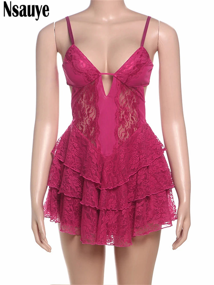 Nsauye 2025 Summer Red Spaghetti Strap Lace Cute Sexy Mini Dress Women Clothing Beach Party Sleeveless Cut Out Dress Vestidos