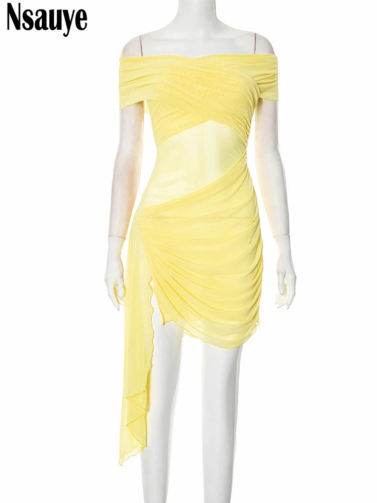 Nsauye Women Clothing Fashion Elegant Irregular Sexy Club Evening Party Dress Summer 2025 Off Shoulder Mini Pullover Mesh Dress