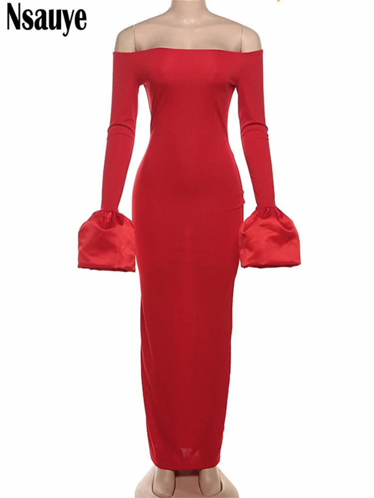 Nsauye 2024 Vintage Bud Long Sleeve Elegant Party Dress For Women Winter Sexy Night Club Off Shoulder Maxi Bodycon Fashion Dress