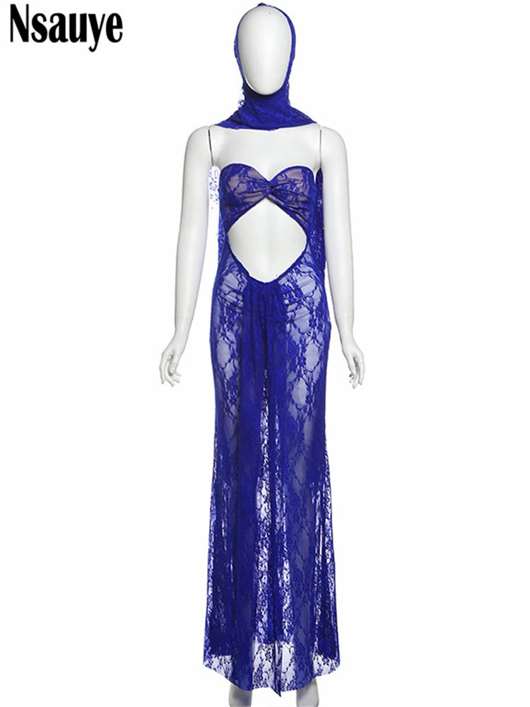 Nsauye Women Fashion Strapless New Elegant Hollow Out Bodycon Sexy Dress Evening Party Nigh Club Summer Halter Dress Long 2025