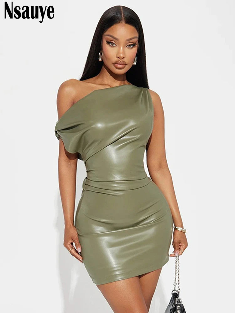 Nsauye Women Fashion New Party Elegant Bodycon 2025 Elastic Trend Dress Sexy Evening Party Leather Summer Night Club Dresses