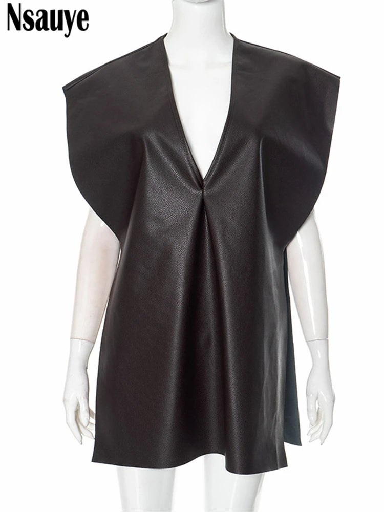 Nsauye 2025 Summer New Pullover Elegant Sexy Fashion Leather Night Club Short Dress Off Shoulder Evening Party Low Cut Out Dress