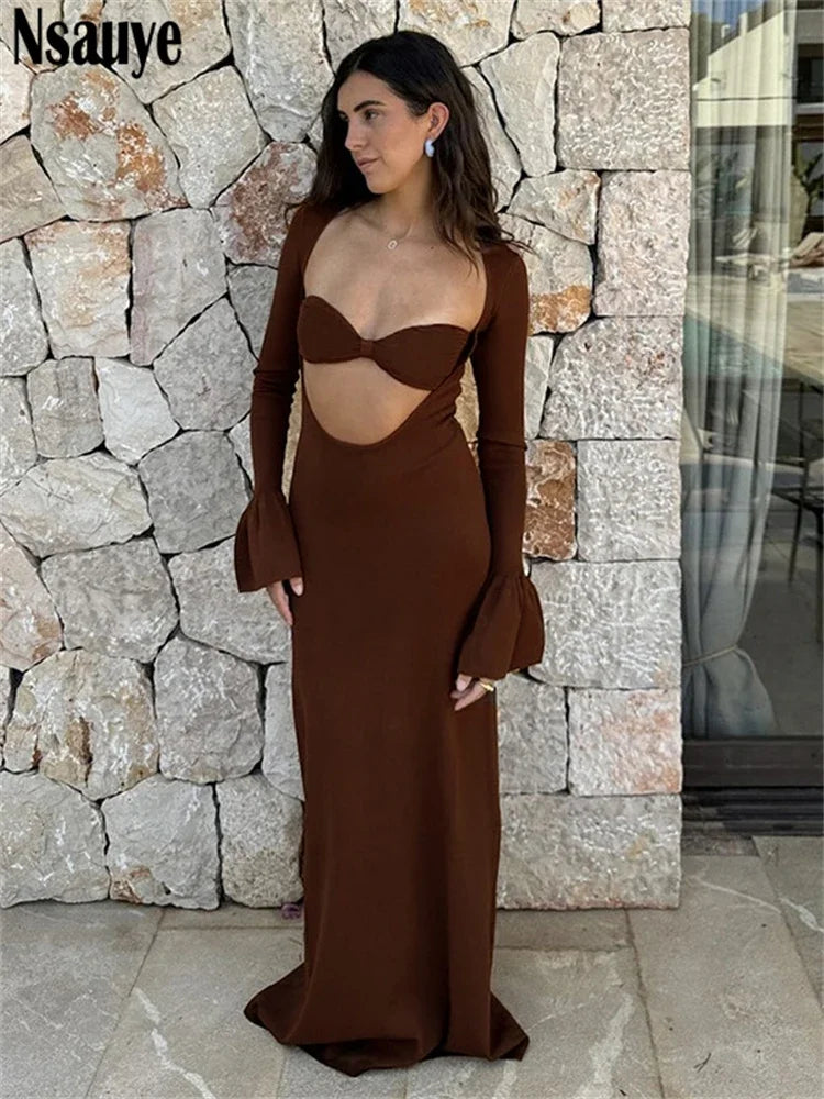Nsauye Sexy Hollow Out Long Flare Sleeve Wrap Long Dresses Club Party Evening Women Elegant Maxi Dress Night Club Winter 2023