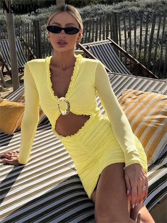 Nsauye New Elegant Women Sexy Ruffles Hollow Out Night Club Short Dress Mesh Ruched Long Sleeve Mini Party Summer Dress 2025