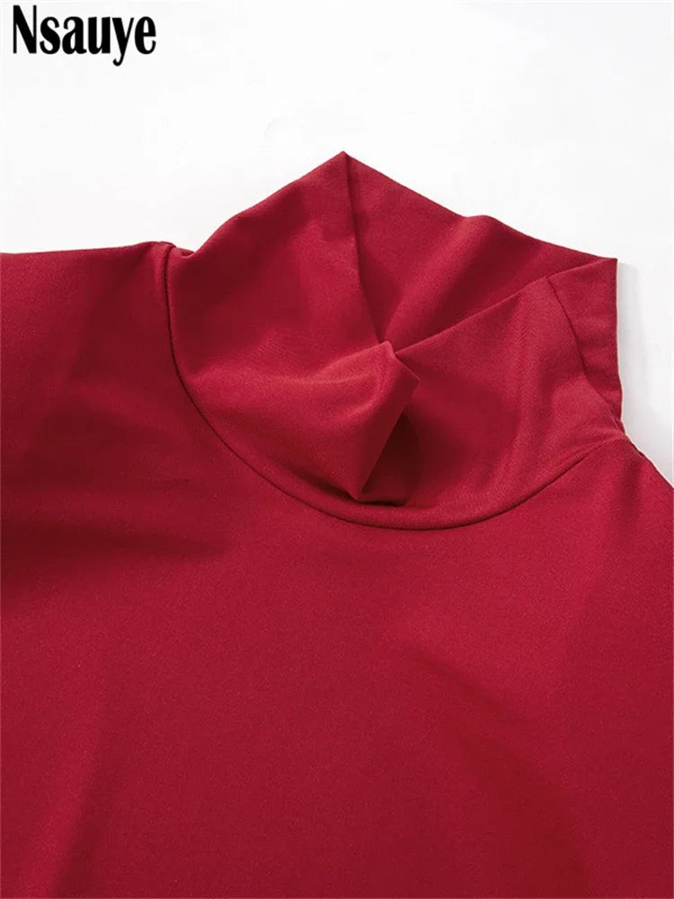 Nsauye Fashion Elegant Party Evening Vestidos Sexy Dress Night Club High Waisted Long Sleeve Turtleneck Ruched Red Dress Women