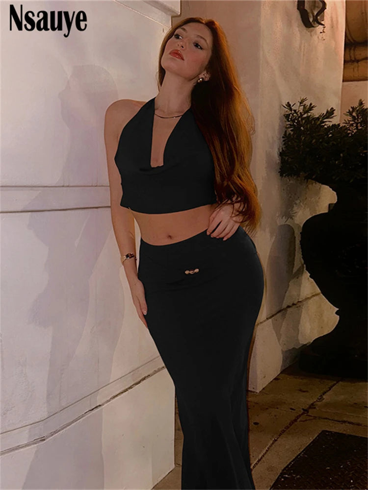 Nsauye Fashion Women 2 Piece Matching Set 2025 New Sleeveless Vest Top+High Waist Elegant Long Skirts Holiday Suits Outfits