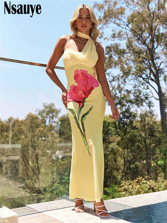 Nsauye 2025 Summer Holiday Party Spaghetti Strap Halter Long Dresses Women Clothing Elegant Sleeveless Floral Print Dress 2025