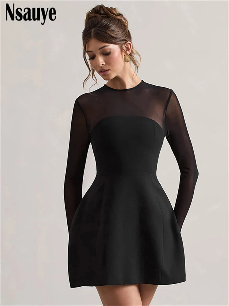 Nsauye Solid Long Sleeve Women Elegant Sexy Slim A-Line Dresses Streetwear Women Fashion Bodycon Mesh Patchwork Club Party Dress