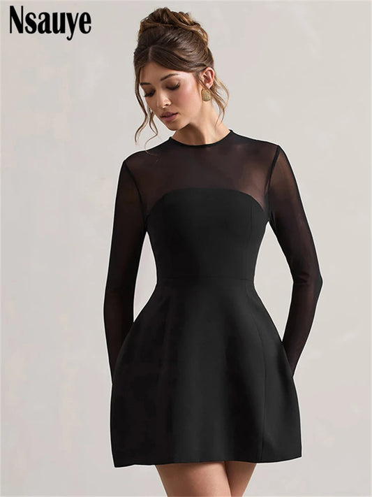 Nsauye Solid Long Sleeve Women Elegant Sexy Slim A-Line Dresses Streetwear Women Fashion Bodycon Mesh Patchwork Club Party Dress