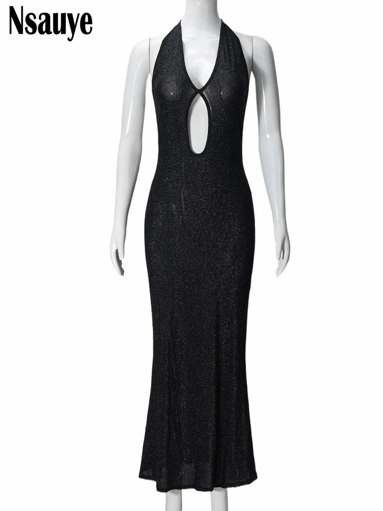 Nsauye Women Sexy Halter Sleeveless Glitter Evening Party Long Dress Club Backless Slim Hollow Out Maxi Dress Ladies Spring 2025