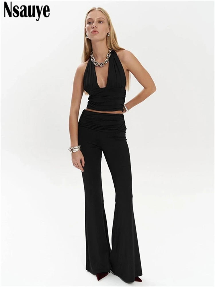 Nsauye Women Fashion Y2K Casual Tracksuit Summer 2025 Halter Skinny Crop Tops Long Low Waisted Sexy Pants Trousers Two Piece Set