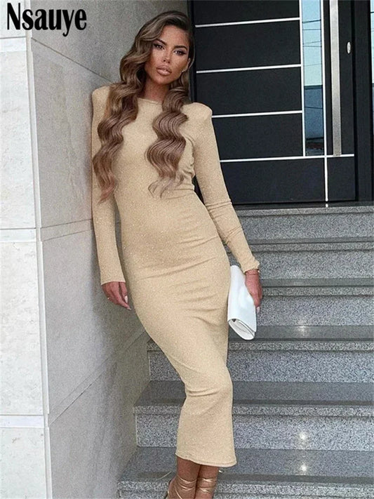 Nsauye Elegant Evening Party Women Sexy Long Sleeve Backless Midi Wrap Dress 2023 Night Club Fashion O Neck Bodycon Dress Outfit