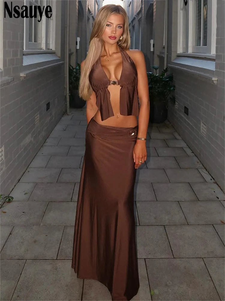 Nsauye Chic Women Slim Halter Summer Mini Crop Tops Long Maxi High Waisted Party Sexy Dress Club Skirt Two Piece Set 2025 Summer