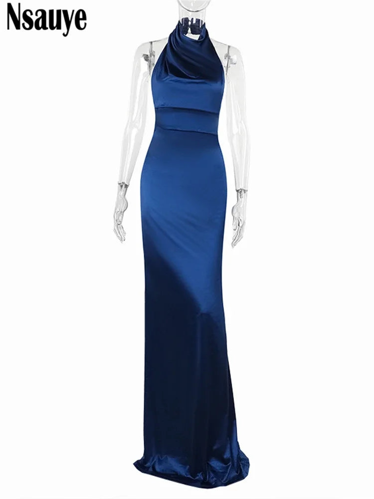 Nsauye Sexy Backless Women New Fashion Satin Elegant Bodycon Maxi Dress Night Club Long Halter Sleeveless Winter Party Dresses