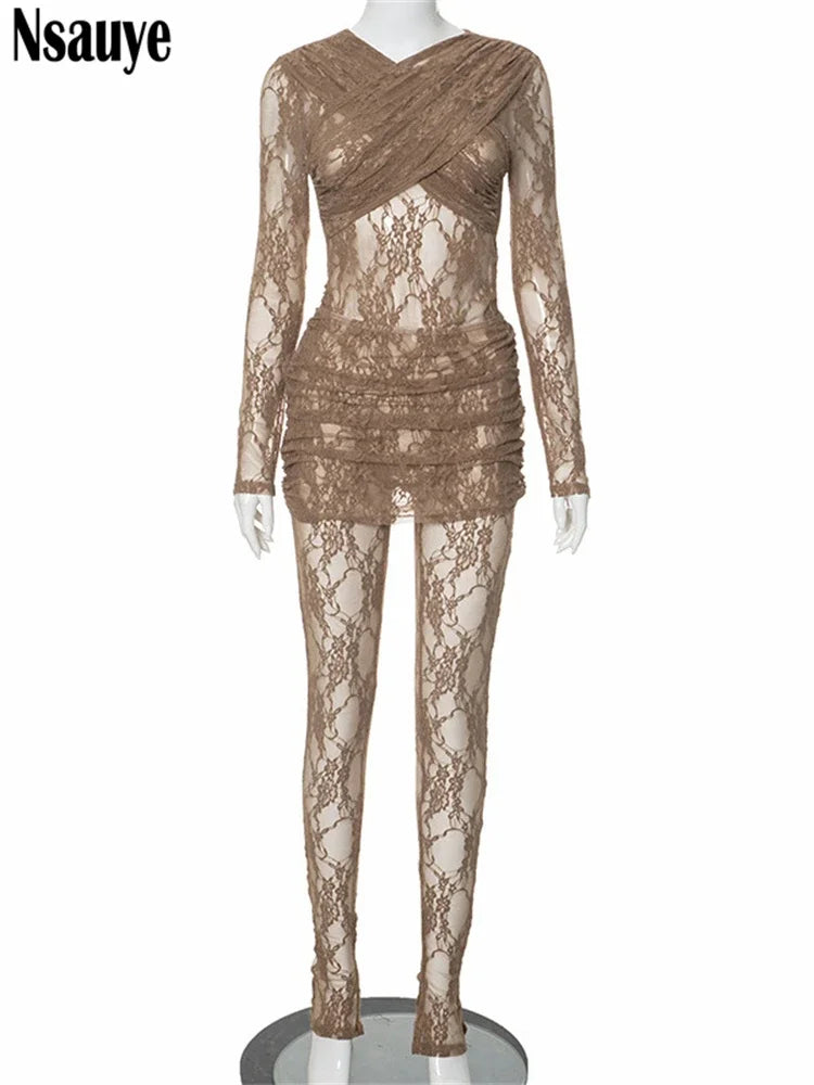 Nsauye Lace Elegant 2 Piece Dress Sets Long Sleeve Jumpsuits Tops And High Waist Mini Skirt Sexy Women Outfits Clubwear 2023