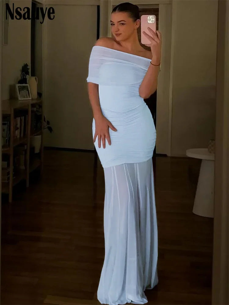 Nsauye 2025 Spring New Sexy Off Shoulder Mesh Pullover Maxi Dress Fashion Elegant Slim Long Dresses For Women Club Party Evening