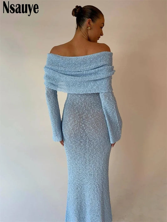 Nsauye Sexy Beach Holiday Women Long Sleeve Summer Maxi Club Dress Fashion Evening Party Knitted Bodycon Elegant Dress 2024