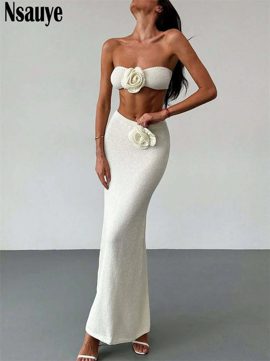 Nsauye 2025 Summer Beach Bohemian Knitted Skinny Women Bikini Crop Tops Flowers Wrap Long Skirt Sexy Party Fashion Two Piece Set