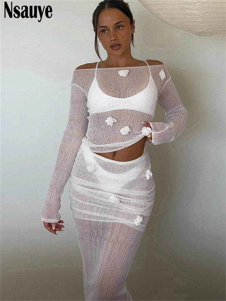 Nsauye 2025 Summer Fashion Women Sexy Club Ribber Knitted Crop Tops Long Low Waisted Skirt Sexy New In Matching Two Piece Set