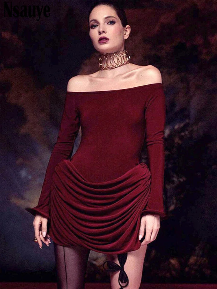Nsauye Sexy Slash Neck Women Fashion Elegant Dress Long Sleeve Evening Birthday Party Clubwear Autumn Dress Low Waisted  2024