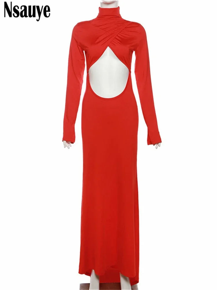 Nsauye Long Sleeve Sexy Backless Hollow Out Winter 2023 Maxi Club Red Dress Women Fashion Elegant Evening Party Dress Bodycon